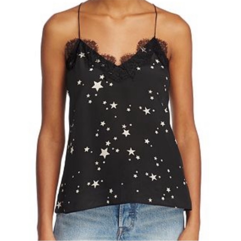 Cami NYC Racerback Silk Black Tank with White Stars & Lace Detail